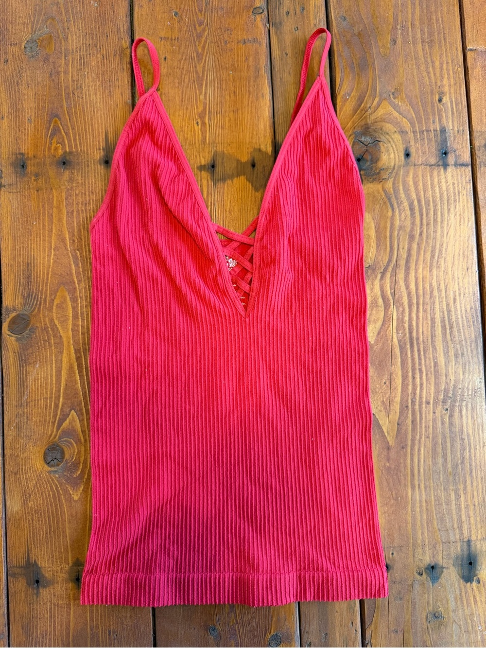 Free People Red Ribbed V-Neck Lace-Up Cami